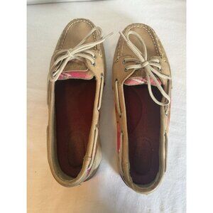 SPERRY Top Sider Beige Boat Shoes with Pastel Plaid TrIm Women's Size 8M EUC